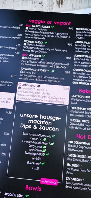 Menue at Ben's Burger Bar in Buehl