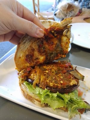 Tempeh, eggplant, grilled pepper and dried tomato at Ruta de la Seda in Mexico City