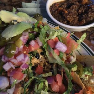 Vegan Nachos; Vegan Chili at The Press in Oklahoma City