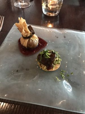 First appetizer of the tasting menu.  The bundled thing is a samosa.  I wasn't sure what the item on the cracker was, but it was all delicious! at Rasika in Washington