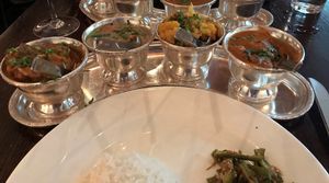 Four individual pots of yum as part of the tasting menu.  Not sure what the one on the left was.  Second from the left is green beans, third from the left is cauliflower, and fourth from the left is eggplant. at Rasika in Washington
