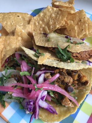Crispy potato and jack fruit tacos with the hand made tortilla upgrade.  at Str8 up Tacos in Lakewood