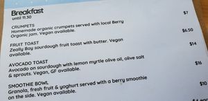 Breakfast options at Sonny Cafe in Inverleigh