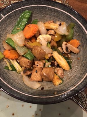 Half of my portion of fried tofu with chilli paste and vegetables (ate half before I remembered)   at Thai Zen in Bruges