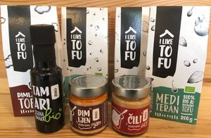 Tofu, spreads and soy sauce. at Trgovinca in Zalec