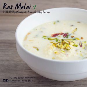 Ras Malai / Milk & egg cakes in sweet milky syrup (Vegetarian) at Kurrachee in Newtown