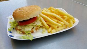 Veggie Chicken burger and fries at Formosa Food in Vienna