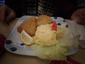 Vegetarian chicken schnitzel with potato salad. at Formosa Food in Vienna