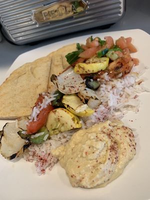 Veggie kabob with rice, hummus and pita, side salad #Veganuary at OC Kabob in Ocean City
