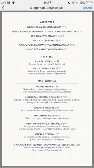 Vegan Menu at Ego Mediterranean in Preston