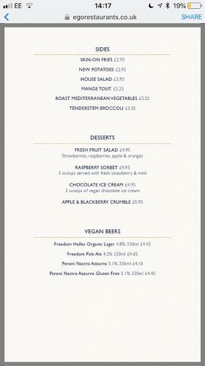 Vegan Menu, sides, deserts & beers at Ego Mediterranean in Preston