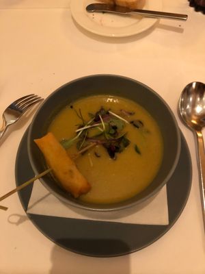 Ask for vegan version: Apple-curry-lemongrass soup with spring roll at Almhof in Hinterthal