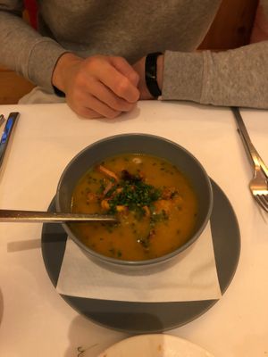 Ask for vegan version: potato leek and chanterelle mushrooms soup. at Almhof in Hinterthal