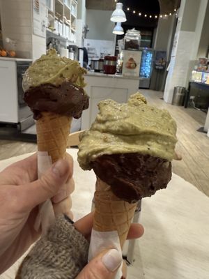 I go with pistachio and chocolate. So it is 1:1 ratio portion of 2 flavors. My partner goes with dark chocolate, pistachio, and dark chocolate layering. So it is 2:1 ratio.   at Gelato San Lorenzo in Rome