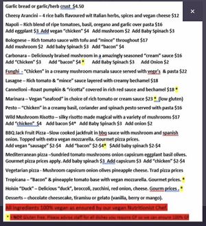 Updated menu  at Italia Pizza & Pasta in Currimundi