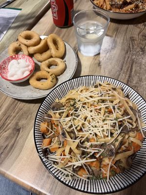 Calamari and carbonara (with vegan bacon)   at Italia Pizza & Pasta in Currimundi