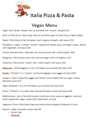 Their Vegan menu at Italia Pizza & Pasta in Currimundi