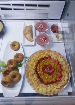 Falafels, fruit cake, empanada, veggie jelly at Camino al Sol in Havana