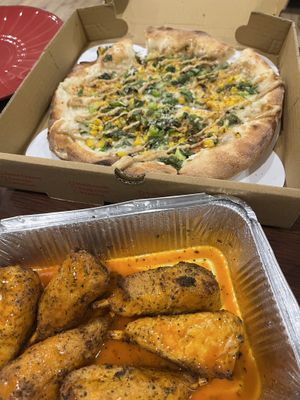 Elote pizza and buffalo wings   at Troy's Italian Kitchen in Arlington