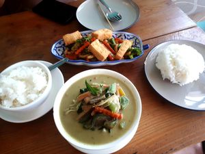 2 rice. 1 green curry without meat. 1 vegetable with tofu at Happy Mango in Vang Vieng