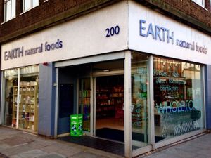 The main entrance to Earth Natural Foods, on Kentish Town Road. at Earth Natural Foods in North West London