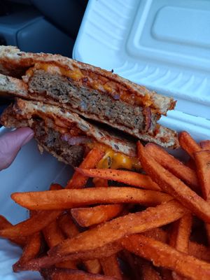 Patty Melt and sweet potato fries at Go Vegan San Antonio in San Antonio
