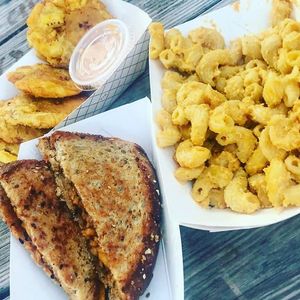 Vegan Grilled Cheez w/ Tempeh Bac'n, Creamy Mac n Cheez, and Crazy Good Tostones! at Go Vegan San Antonio in San Antonio