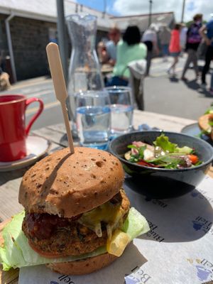 When the weather is nice, there are tables outside, vegan gluten free burgers 🍔  at The Blue Bell in New Quay