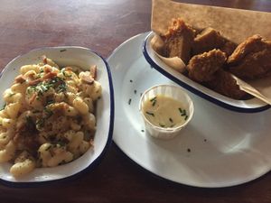Vegan popcorn chicken and Mac and cheese with crispy seitan  at The Birds in East London