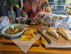 Guacamole bowl and chips + romesco sandwich at Sibu Cafe in Uvita