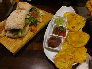 vegi sandwich (with avocado instead of cream cheese) and patacones at Sibu Cafe in Uvita