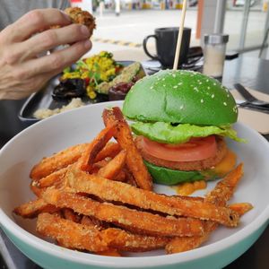 Chikn burger and sweet potato fries at Chelle's Soulfood in Officer