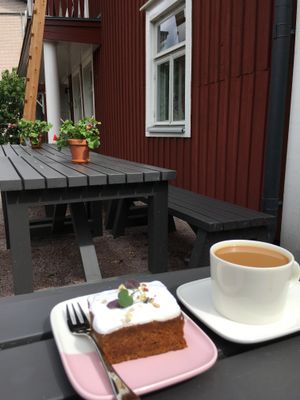 Carrot cake and coffee! Free refill for coffee! at Puhuri By Tartine in Helsinki
