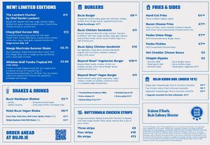 Menu at BuJo Burger Joint in Dublin