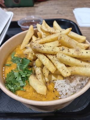 Curry pot, rice and fries at Manjit's Kitchen in Leeds