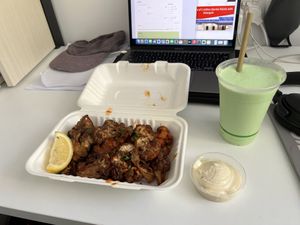 Cauliflower Buffalo wings with a shake delivered with doordash.  at The Moon in Northbridge