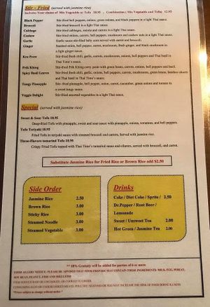 Vegan menu at Thai Time in Jackson