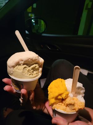 left: almond, vanilla, pistachio vegan / right: apricot, lemon, mango sorbet (4€ each)   at Gelateria Ara Macao in Albisola Superiore