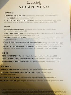 The vegan menu at The White Lion in Coventry