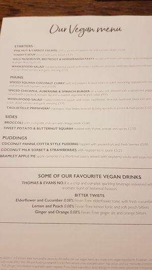 Vegan menu at The White Lion in Coventry