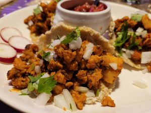 Soy chorizo and potato tacos. Filling was super tasty but too salty. Tacos had terrible texture and flavour. at Mama Terra Veggie Corner in Tbilisi