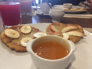 Traditional pancakes and watermelon juice  at Mama Terra Veggie Corner in Tbilisi