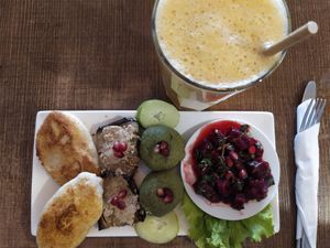 Georgian vegan plate and seasonal smoothie at Mama Terra Veggie Corner in Tbilisi