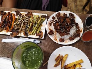 Korean vegan foods with soya  at Mama Terra Veggie Corner in Tbilisi