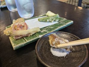 +300 yen for tempura. Small portion - tasty with salt! at Kawagoe Kou Sushi in Kawagoe