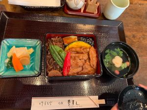 Vegetarian “sukiyaki”, sided with miso soup and pickles at Kawagoe Kou Sushi in Kawagoe