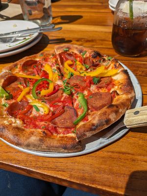 Vegan pepperoni and pepper pizza at Harvest Pizzeria in Bexley