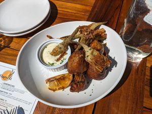 Yukons + artichokes at Harvest Pizzeria in Bexley