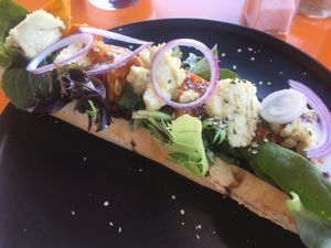 Roast pumpkin and almond feta baguette  at Good Golly Miss Polly in Burra
