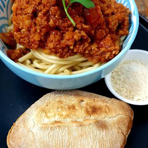Vegan Spag Bol with follow your heart Parmesan and garlic butter Ciabatta roll. at Good Golly Miss Polly in Burra